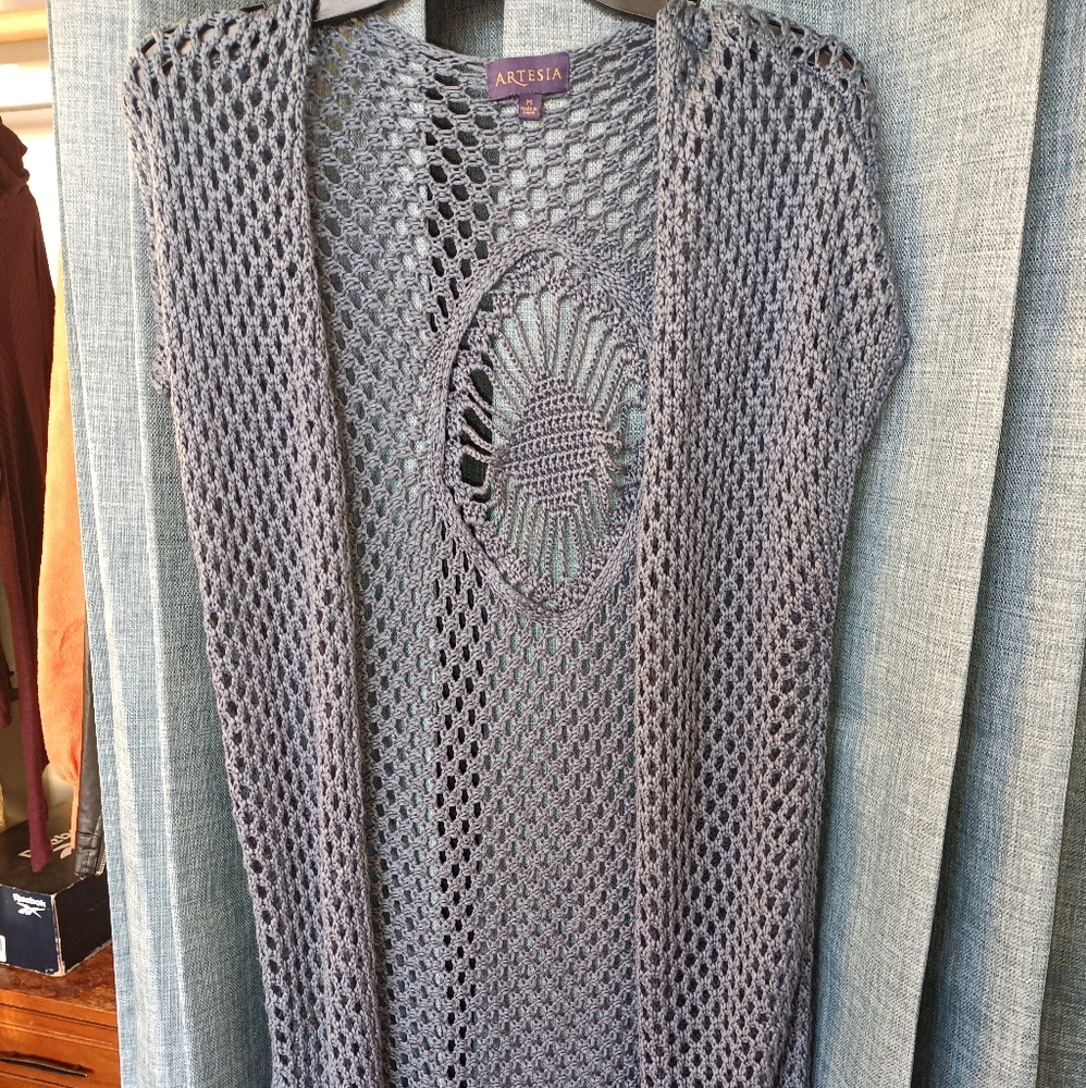 Gray Mesh Cardigan with Diamond Pattern
